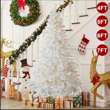 4ft/5ft/6ft/7ft White Christmas Tree With Warm White LED Lights Bushy Pine Tree