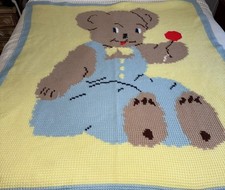 VTG Crochet/Knitted Teddy Bear In Overalls Baby Blanket Throw Afghan 54  x 62  