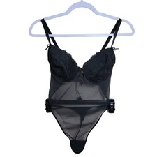 Victoria Secret Black Lace Sheer Mesh Bodysuit 36C Thong Teddy Lingerie Boudoir