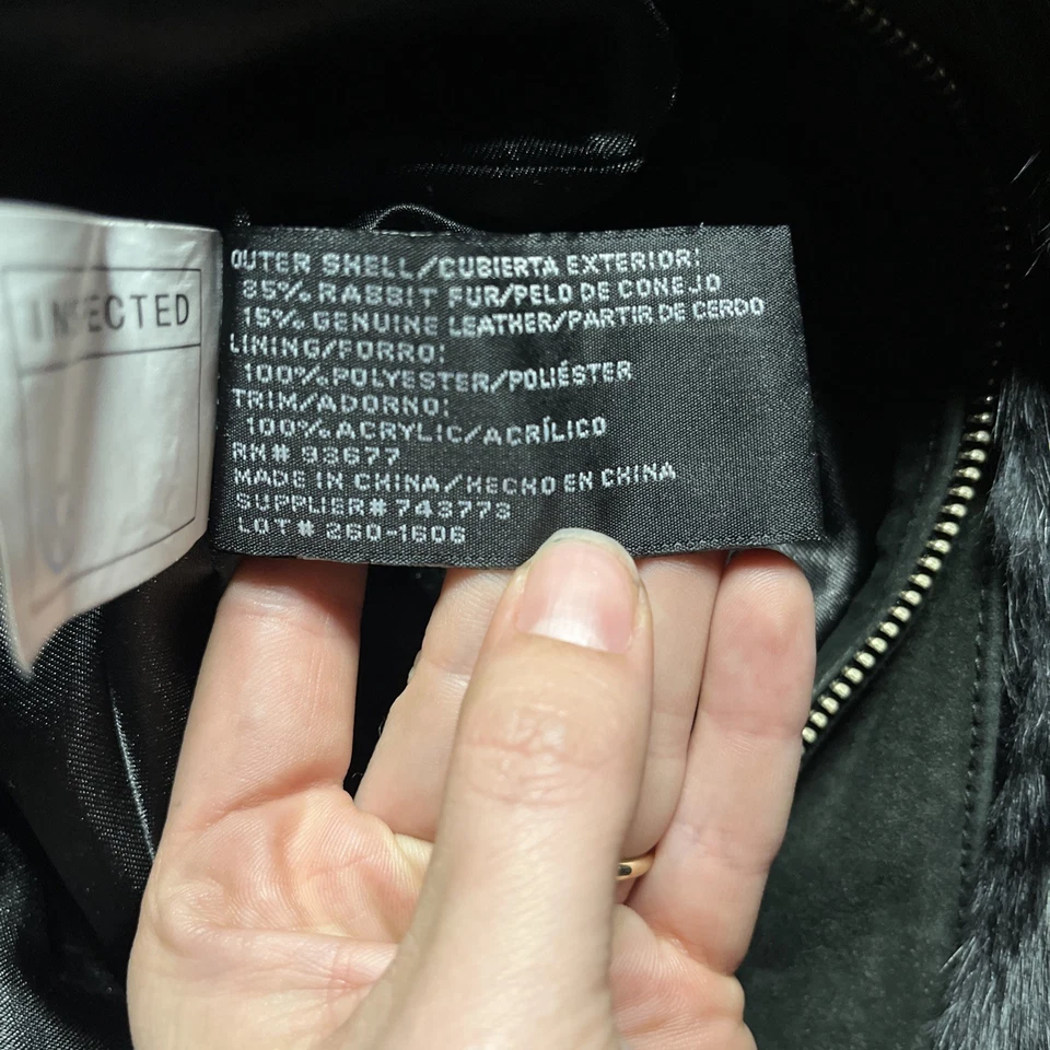 Chaqueta de bombardero de piel de conejo negra Y2K para mujer talla L ribete de cuero genuino cremallera completa Foto 4 de 4