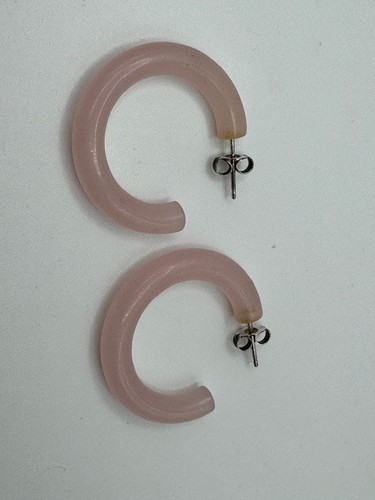 Ladies Sterling Silver 925 Pink Jade Round Tube Hoop Earrings - Picture 2 of 9