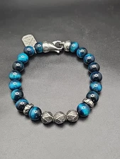 10mm Hand Made Deep Blue Tigers Eye Beaded Bracelet with Stainless Steel Clasp