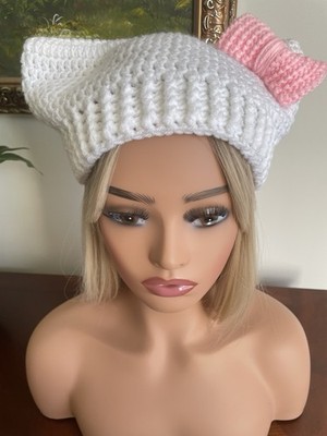 Cat Ear Beanie Hat - White With Pink 
