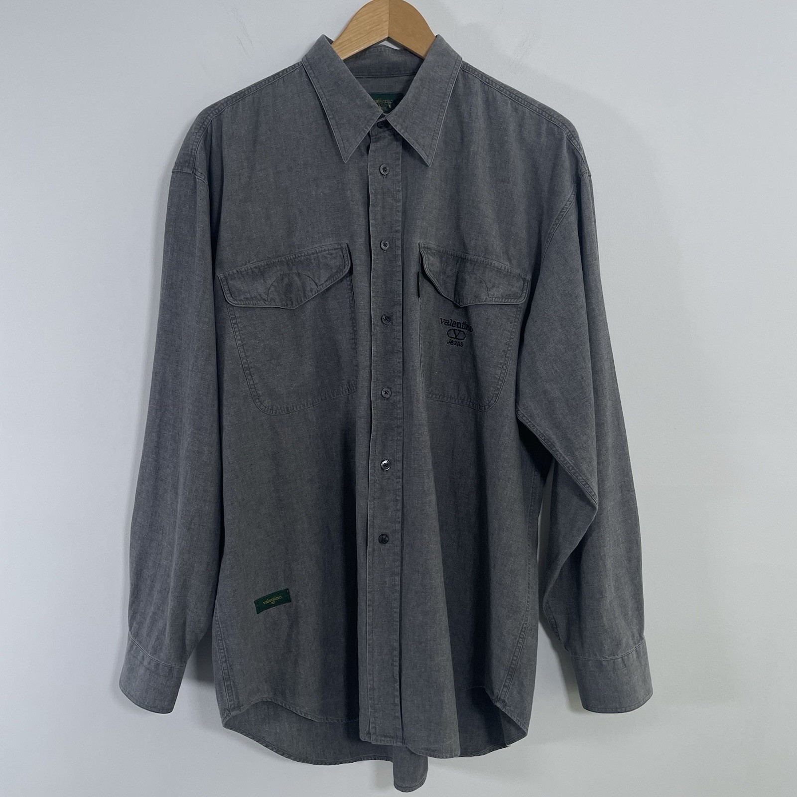 Vintage Valentino Jeans Shirt Sz 42 Grey Chambray Denim 80s 90s Button Up Logo thumbnail 2