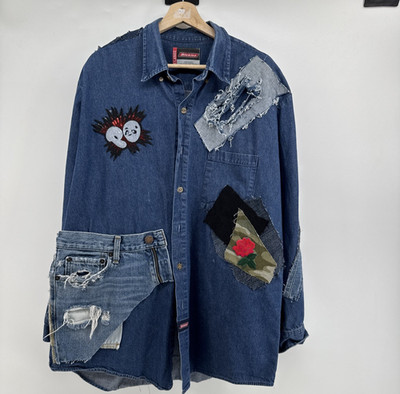 Upcycled Blue Denim Shirt XL Boho Festival Patchwork Artsy Distressed Hippie