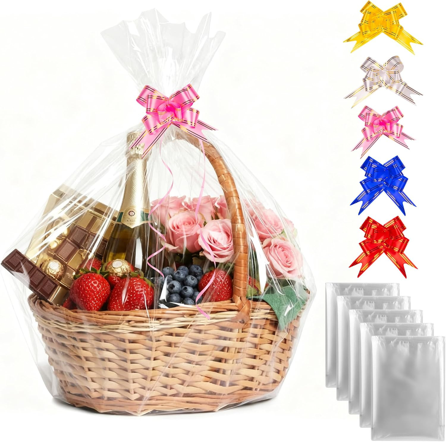 5Pcs Large Cellophane Wrap Bags for Hampers, Clear Hampers Gift Basket Cellophan