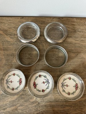 Vintage Set/7 Porcelain & Silver Metal Rim And Glass & Silver Metal Rim Coasters
