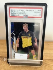 PSA 10 2019 - 2020 TOPPS CHROME UCL SAPPHIRE ERLING HAALAND ROOKIE BADGE CARD. rookie card picture