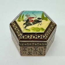 Persian Khatam Marquetry Wood Trinket Jewelry Box Hand Painted Polo Game Player