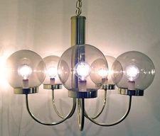 MID-CENTURY MODERN CHANDELIER PROGRESS LIGHTING BRASS 5-ARM GLASS GLOBE SHADES