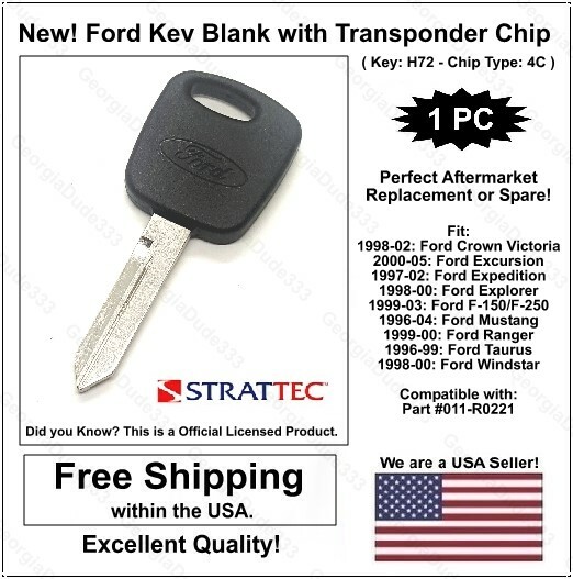 New! OEM Ford H72 Key Blank with Ford Logo &amp; 4C Transponder Chip 