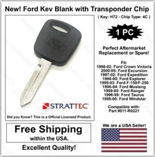 New! OEM Ford H72 Key Blank with Ford Logo & 4C Transponder Chip inside key. 