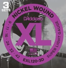 3 Pack D'Addario EXL120 Super Light Gauge Guitar Strings 9-42 EXL120-3D Sets