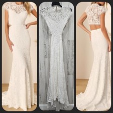 LULUS Devoted to Bliss White Lace Cap Sleeve Cutout Trumpet Maxi Dress Sz SMALL