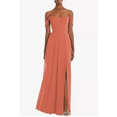 NWT After Six Off-the-Shoulder Chiffon Slit Gown Maxi Dress Terracotta 12