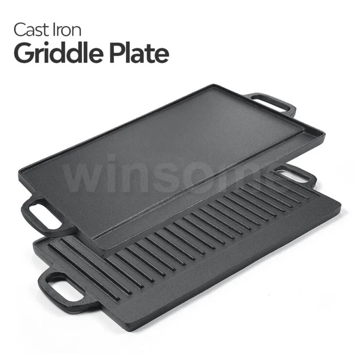 45cm Cast Iron Griddle Plate Fry Pan Grill BBQ Skillet Double Side Reversible