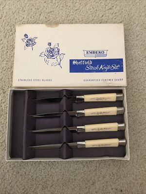 Vtg Sheffield Steak Knife Set (4), Emdeko, Ivory colored handles in original box