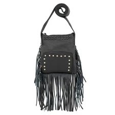 American West Womens Fringed Cowgirl 8in Black Leather Crossbody Bag OS