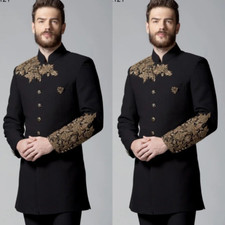 Black Men's Suit Gold Sequins Hosting Mid-Length Streetshot Long Jacket Blazer