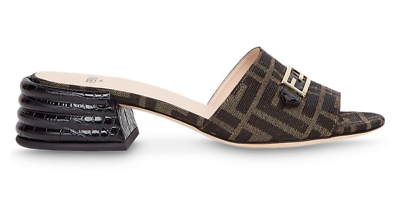 Fendi Black Brown FF Monogram Logo Backless Sandal Block Heel Mule