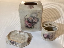 Athena Pottery "Roseland" Ceramic Bath Accessory 3-Piece SET Made USA EUC