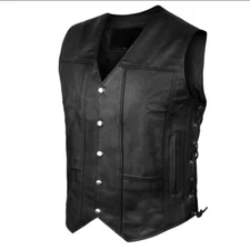 Mens Genuine Leather 10 Pockets Motorcycle Biker Vest ANARCHY Black SOA #3540BLK