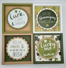 Shamrock Lucky Clover Sign Irish Wood Set of 4 6"x6" St. Patrick's Day Decor