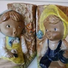 Vtg Girl  Boy Bookends Singing Birds Nature Country Cute Japan