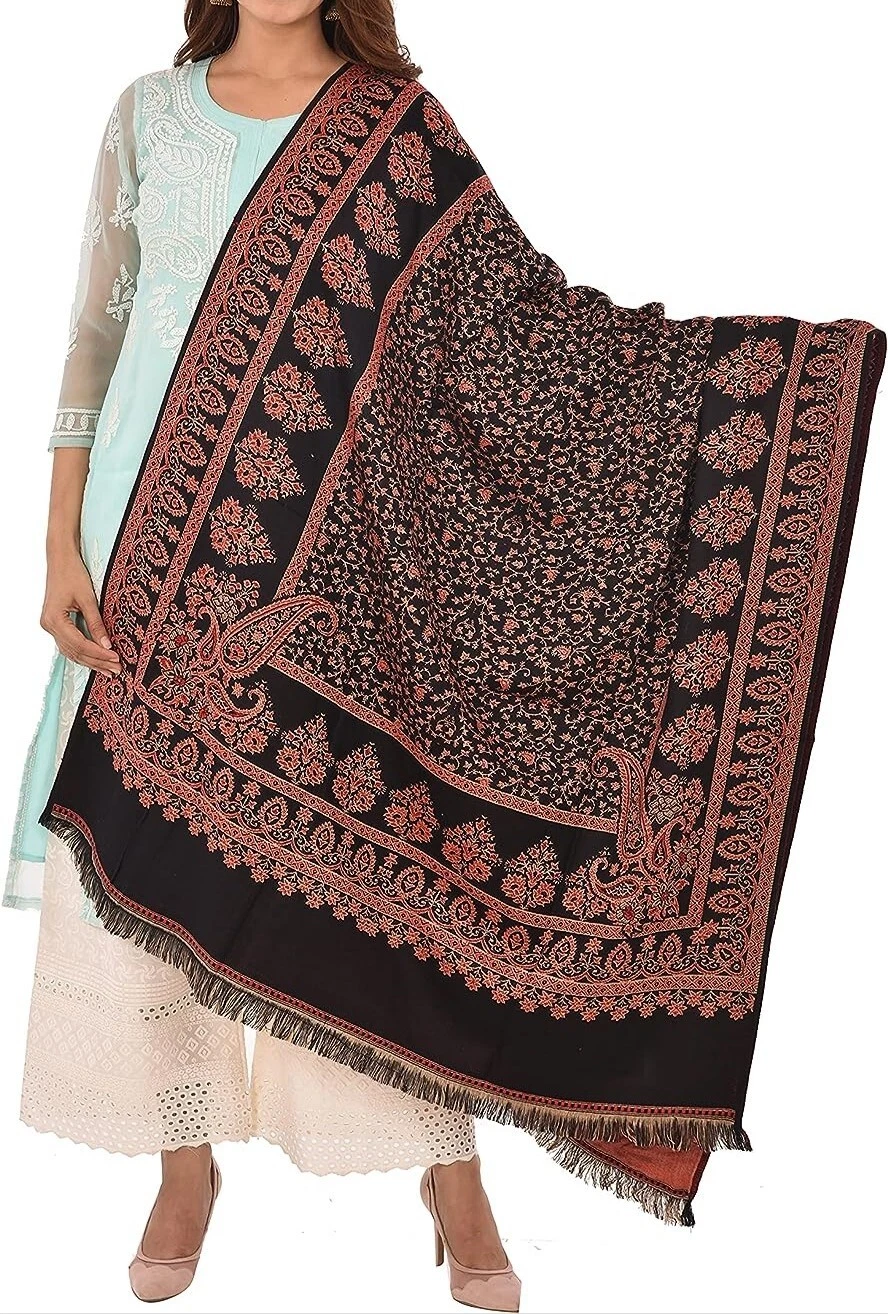 Yak Wool Kashmiri Kaani Handloom Shawl Throw wraps For Women, Men Colour_Black