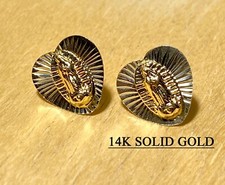 Solid 14K Gold basket Virgin Mary Guadalupe Heart stud Dainty earring For Women