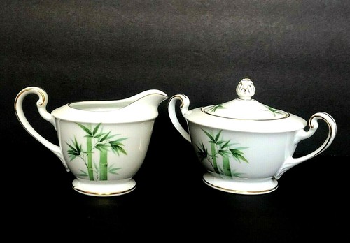 Noritake Porcelain Creamer & Sugar Bowl With Lid Bamboo Pattern Gold Trim 1538G - Picture 2 of 12
