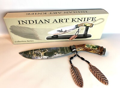 Indian Art Knife Collectors Series w/ Wolves Wolf and Feather with Display Stand