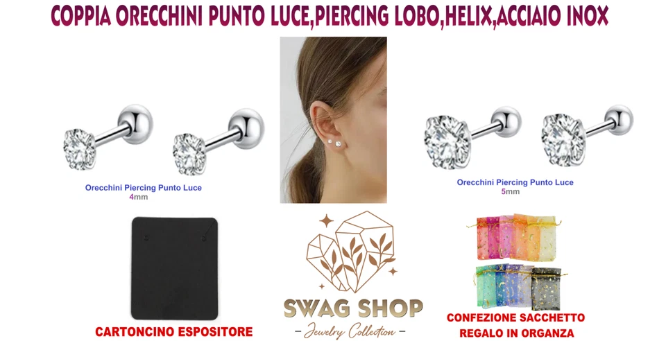 orecchini punto luce lobo helix piercing acciaio inox barra dritta argento - Immagine 3 di 4