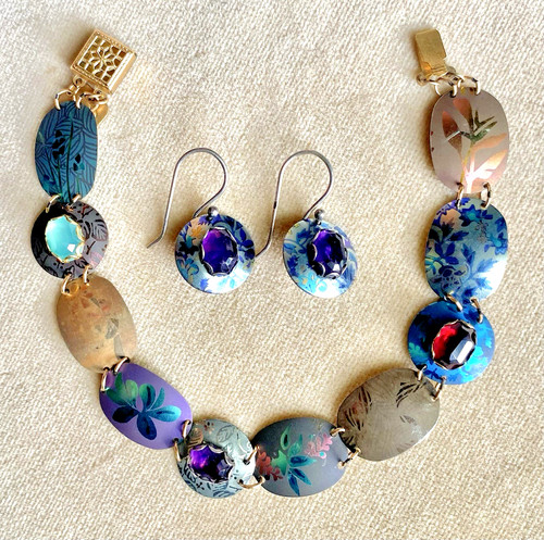 HOLLY YASHI Gemstone Bracelet Earring Set NIOBIUM Link AMETHYST GARNET 7.5