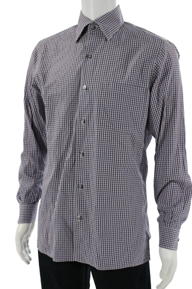 Ermenegildo Zegna Hombres Cuello Punta Púrpura Cuadros Mezcla de Algodón Abotonada Talla M Foto 3 de 4