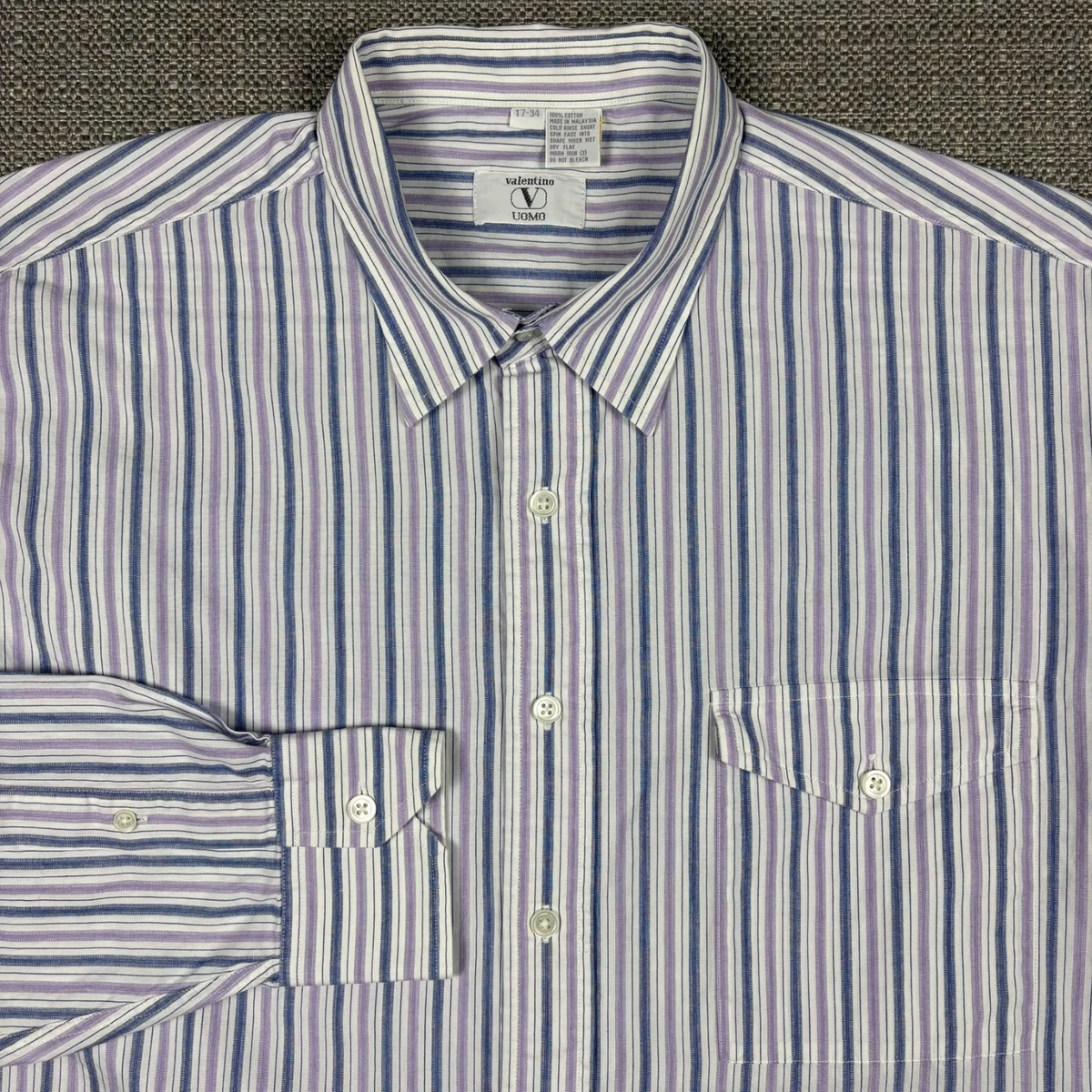 Chemise Homme Valentino Rayée Gris Rouge Crème - Taille 14 1/2, Manches 32, 100% Coton, Fabriquée En Italie