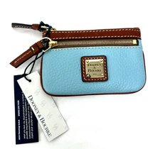 NWT Dooney & Bourke Pebble Leather Coin Wallet Blue Brown Zip Pouch Key Ring New