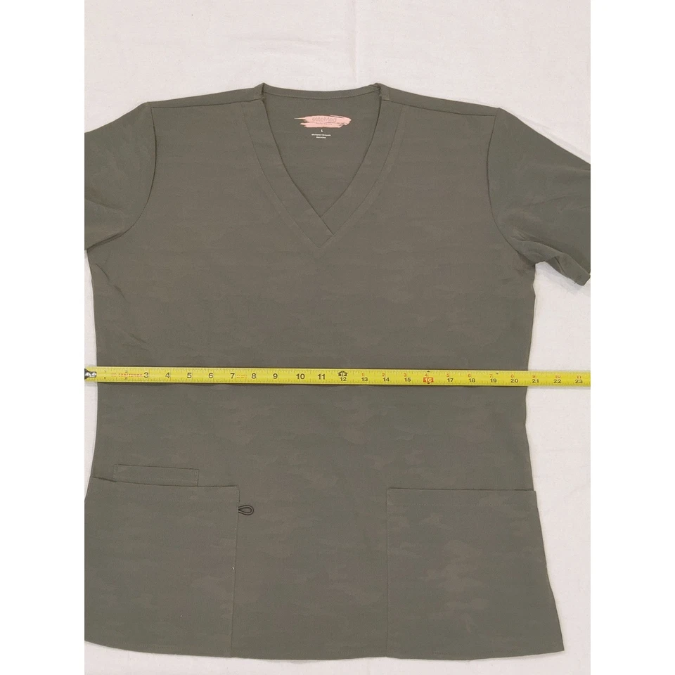 Scrub Top By Cherokee Infinity Olive Green Camo Print V-Neck - Image 4 of 4