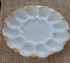 Vintage Anchor Hocking Milk Glass With Gold Trim Ornate Bottom Develed Egg Plate