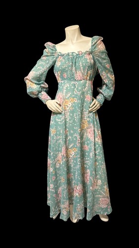 Vintage 70’s Prairie Dress Hippie Green Floral Smocked Maxi Dress Cottage Core - Picture 5 of 20
