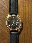 Seiko 5 Vintage Automatic Day/Date Black Dial Gold Case Black Leather Strap