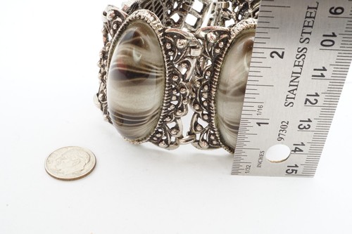 Pulsera Vintage Tono Plata Rayas Cabujón Etrusco 7.5" A1 - Imagen 3 de 8