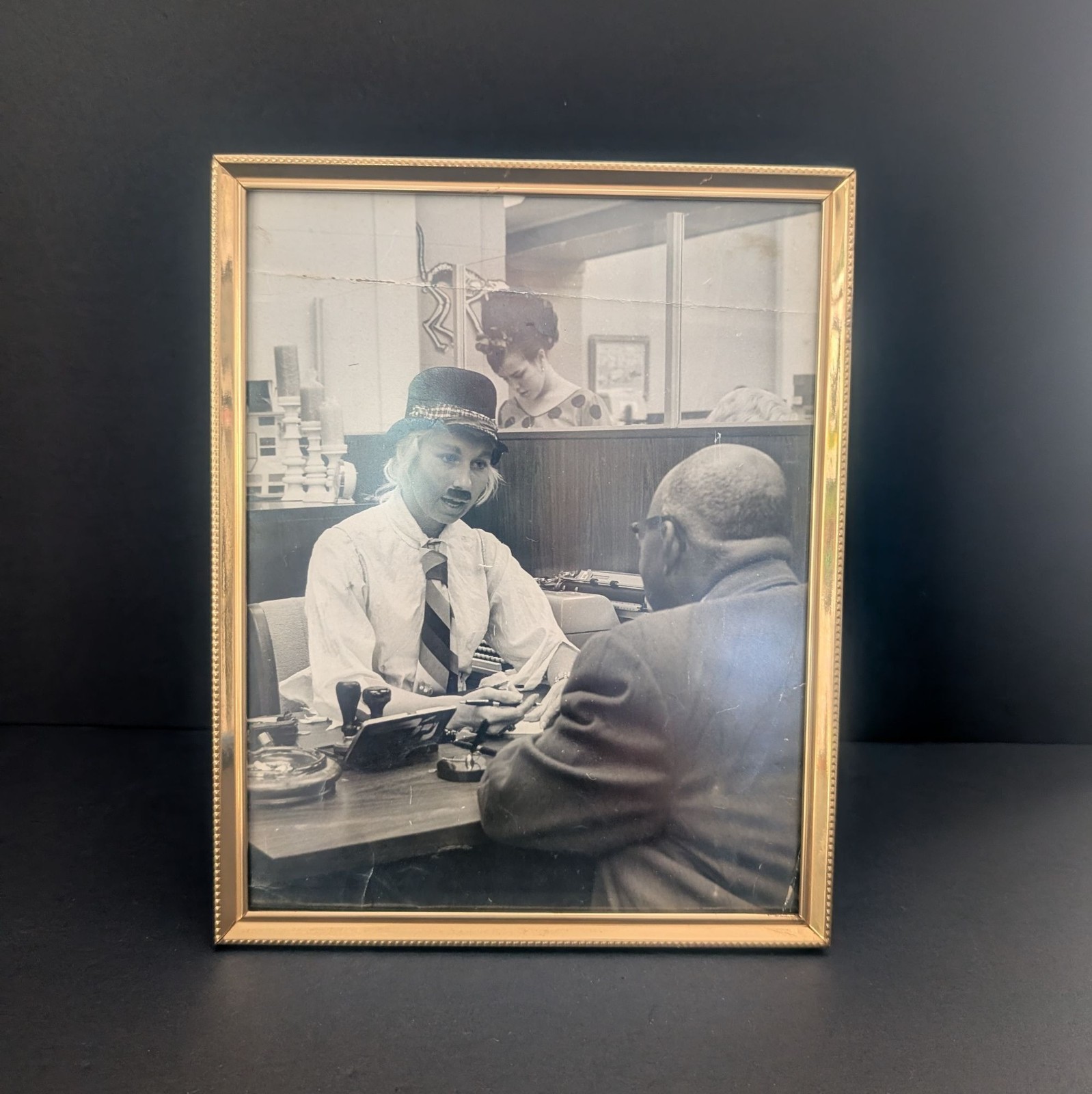 Vintage Halloween Black & White Framed Photo Mid Century Office Scene Movie Prop
