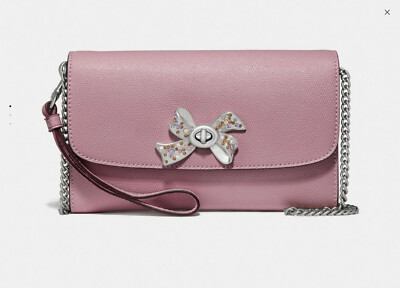 Coach Pink Crystal Bow Turnlock Chain Shoulder Crossbody Evening Clutch ...