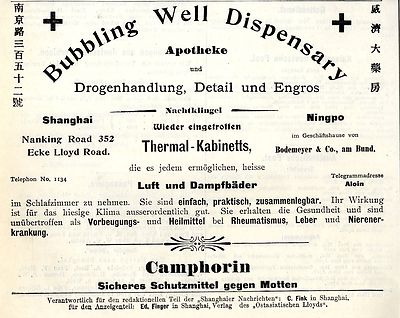Apotheke Drogenhandlung BUBBLING WELL Nanking  Road 352 Shanghai Ad 1908