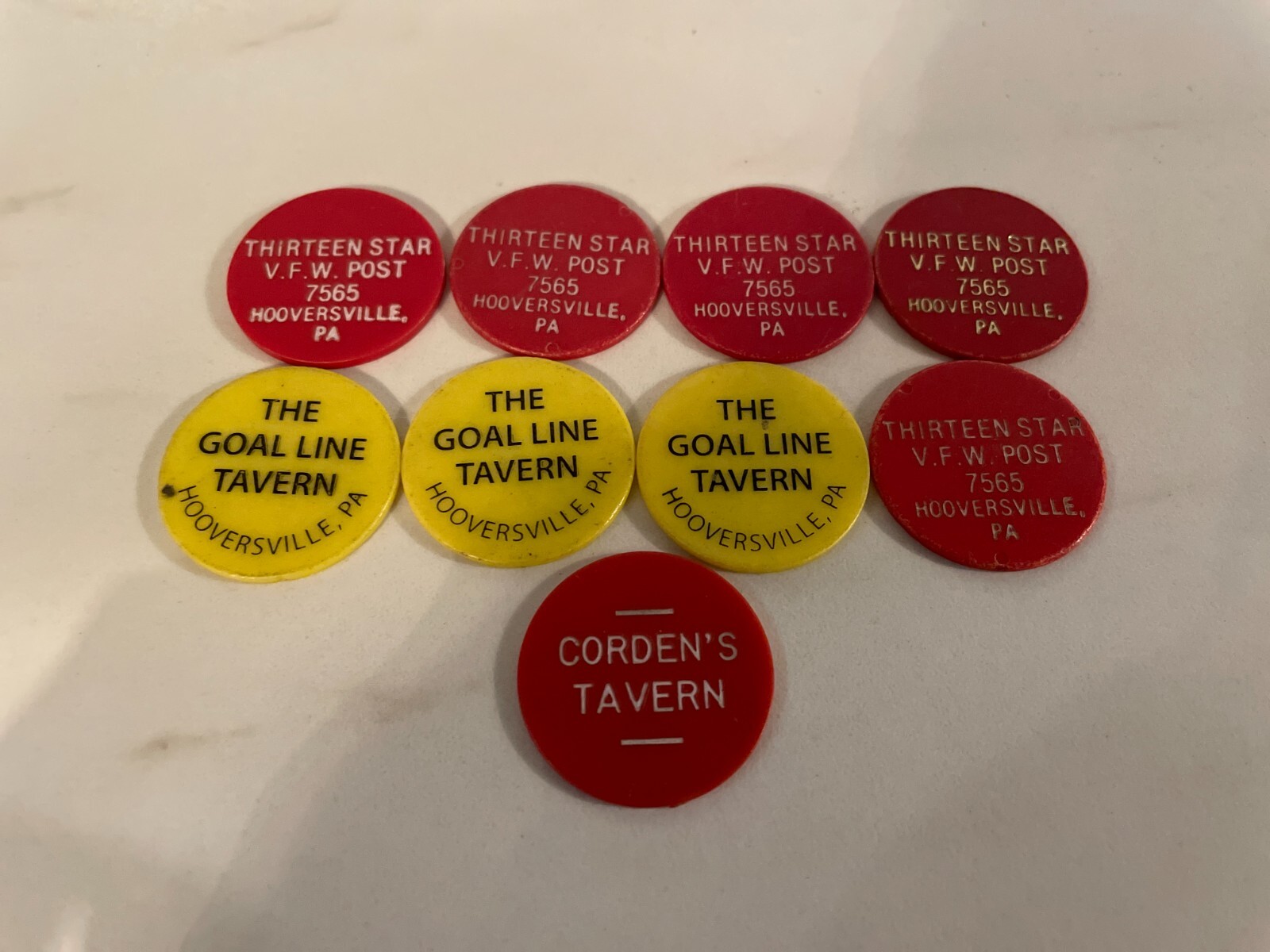 10 VTG DRINK TOKEN CHIPS The Goal Line Tavern Thirteen Star VFW