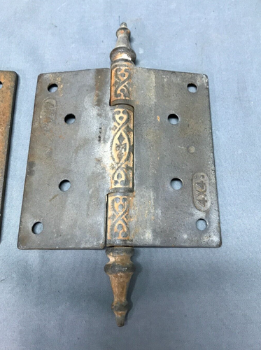 Vintage Set 3 Decorative Door Hinges 4x4 Steeple Point Cast Iron Old 1018-24B - Picture 15 of 16