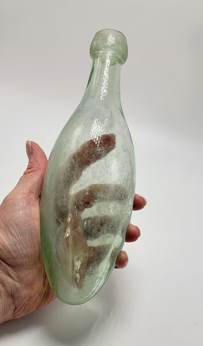 Antique 1840's Blob Top Torpedo Bottle, Green Glass Soda Bottle