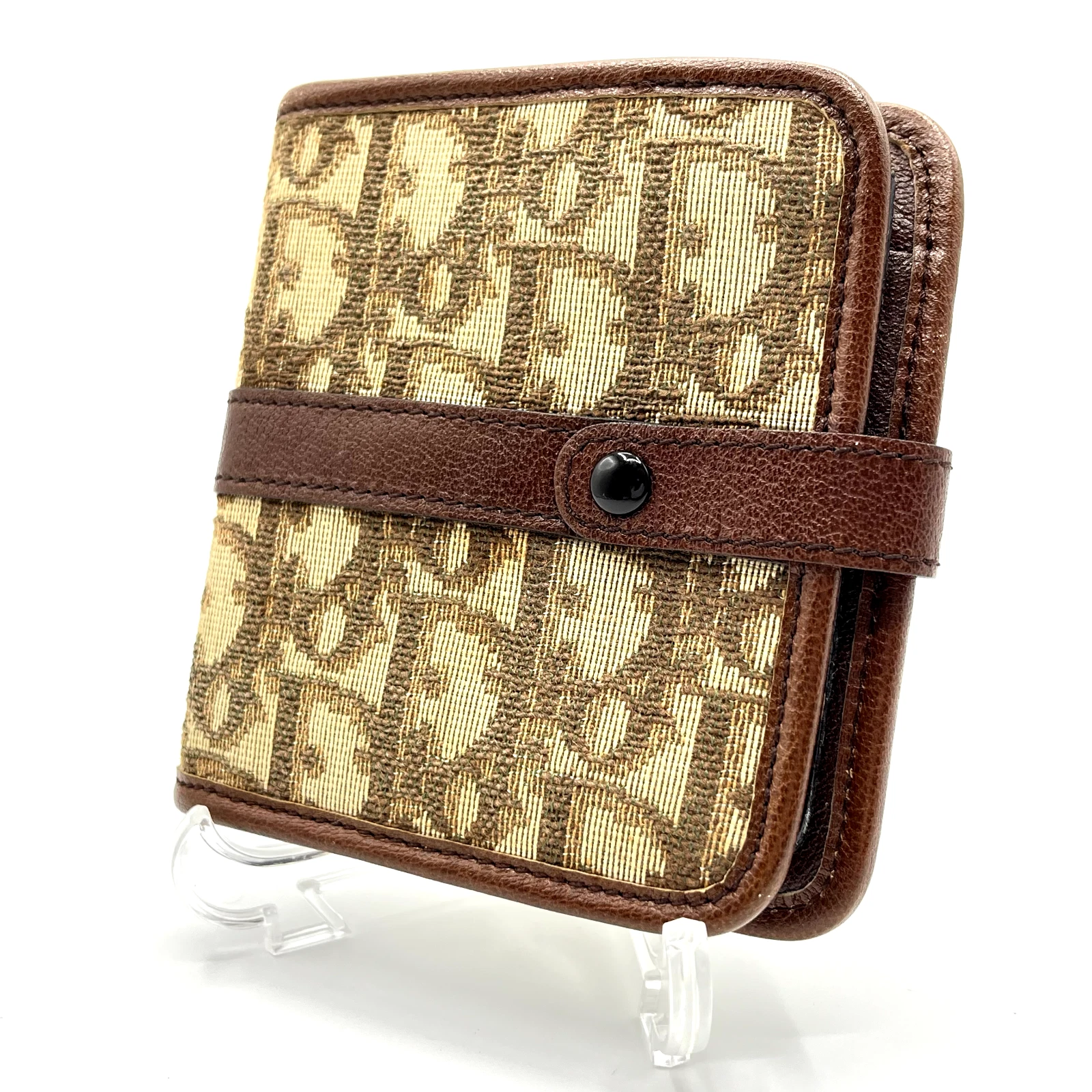 Portefeuille vintage Dior trotteur toile marron compact double pli authentique du Japon