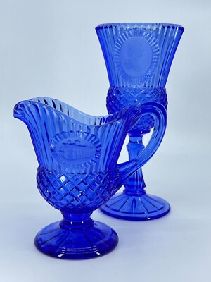 2pc Vintage Fostoria cobalt goblet pitcher set w chalice glass 1970s Blue Glass
